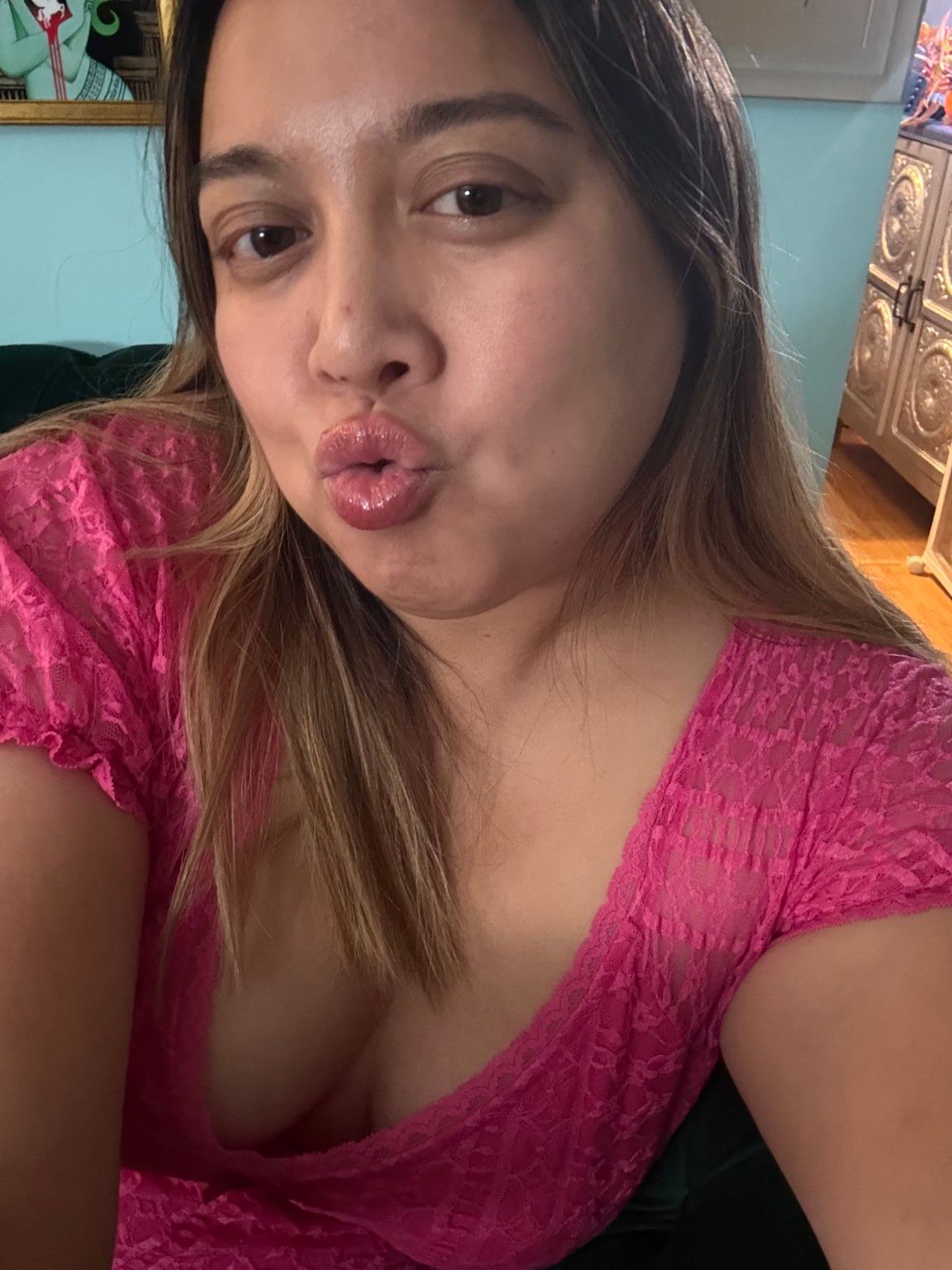 MereBear playful pink selfie